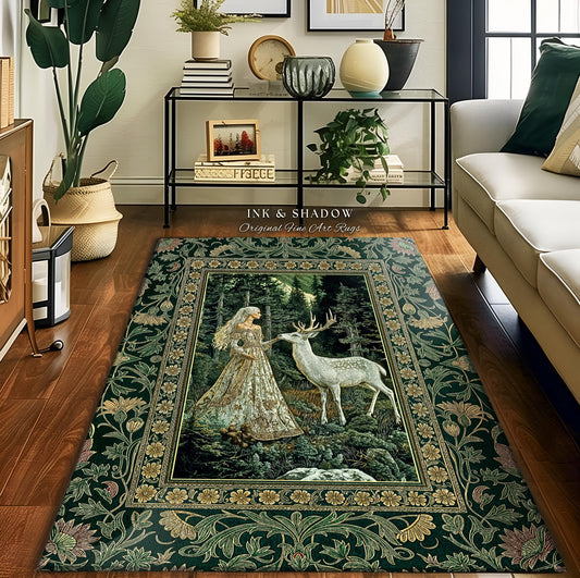 May include: A rectangular area rug with a dark green floral border and a central image of a woman and a deer in a forest. The rug has the text "INK & SHADOW Original Fine Art Rugs".