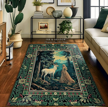 May include: A green tapestry rug with a floral border and a central image of a white deer and a woman in a forest setting. The rug features the text "Ink & Shadow Original Fine Art Rugs".