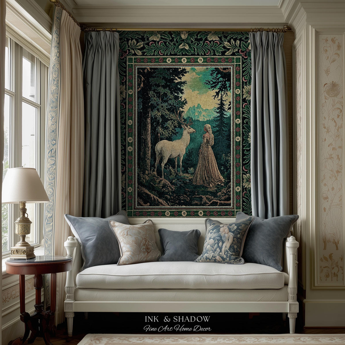 Faerie Realm Mystic Forest Tapestry | Enchanted Gothic Landscape Dark Academia Nature Spirits Woven Throw Blanket Renaissance Magical Art