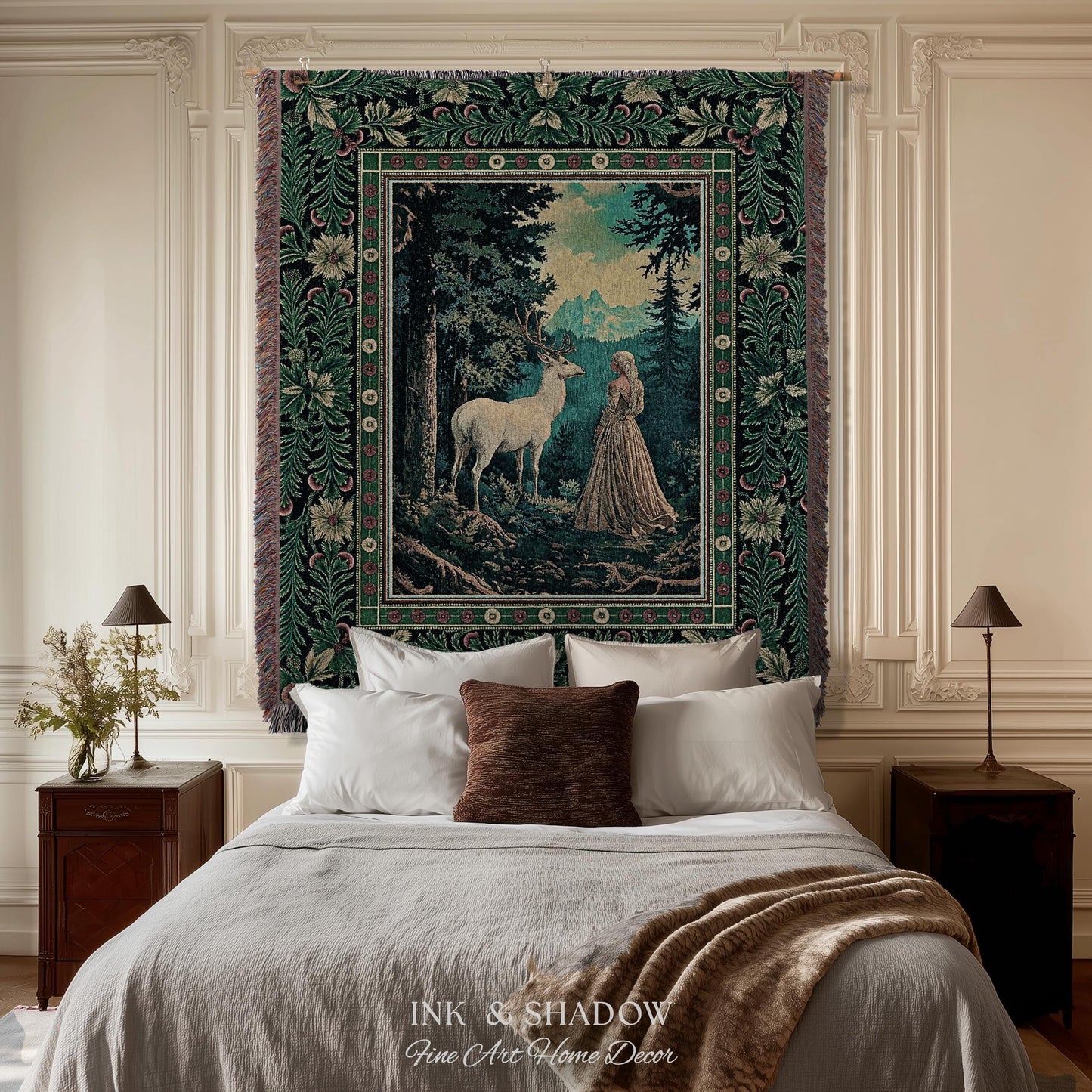 Faerie Realm Mystic Forest Tapestry | Enchanted Gothic Landscape Dark Academia Nature Spirits Woven Throw Blanket Renaissance Magical Art