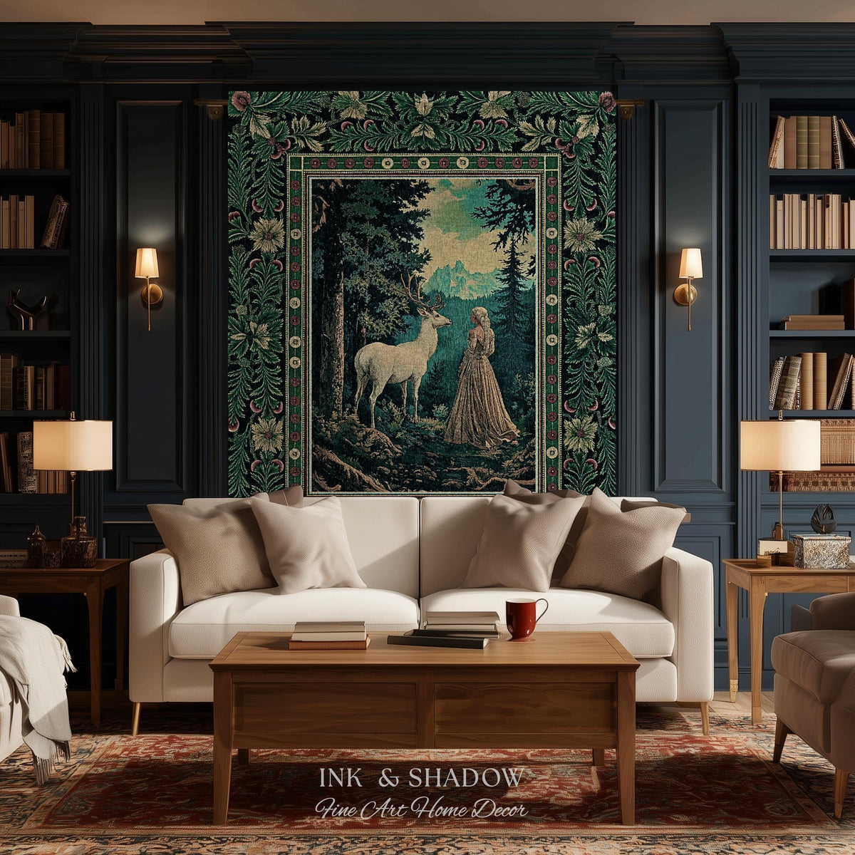 Faerie Realm Mystic Forest Tapestry | Enchanted Gothic Landscape Dark Academia Nature Spirits Woven Throw Blanket Renaissance Magical Art