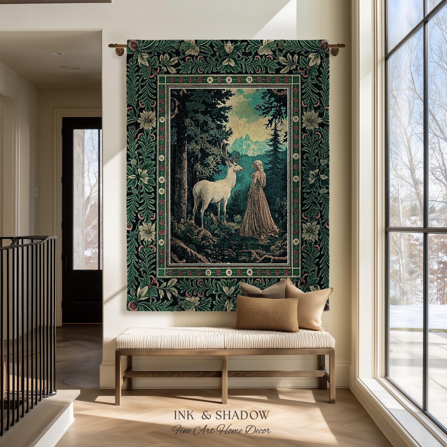Faerie Realm Mystic Forest Tapestry | Enchanted Gothic Landscape Dark Academia Nature Spirits Woven Throw Blanket Renaissance Magical Art