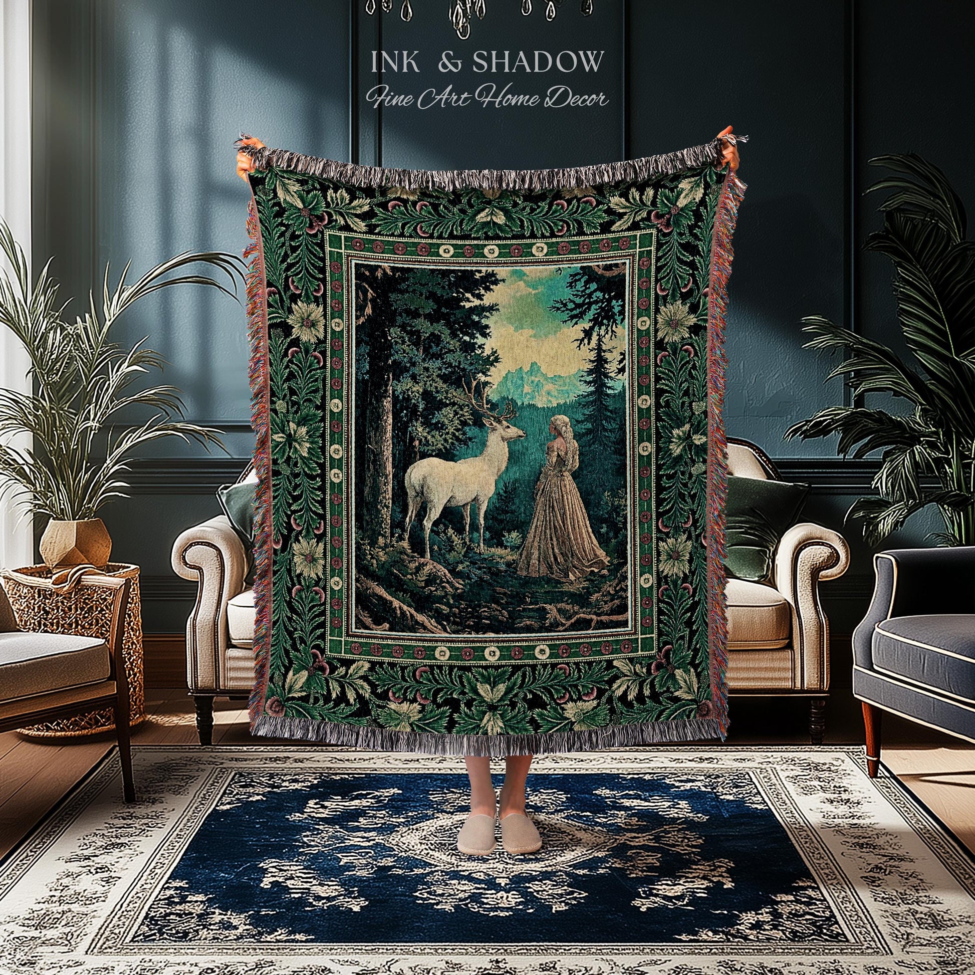 Faerie Realm Mystic Forest Tapestry | Enchanted Gothic Landscape Dark Academia Nature Spirits Woven Throw Blanket Renaissance Magical Art