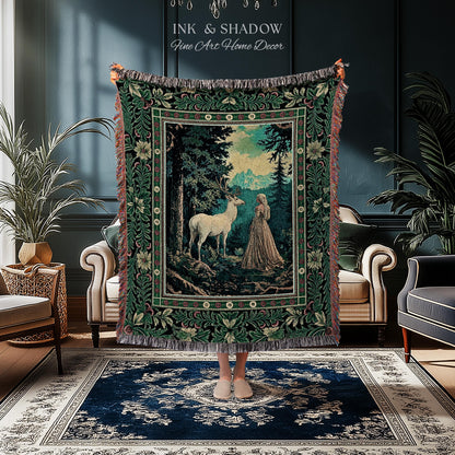 Faerie Realm Mystic Forest Tapestry | Enchanted Gothic Landscape Dark Academia Nature Spirits Woven Throw Blanket Renaissance Magical Art