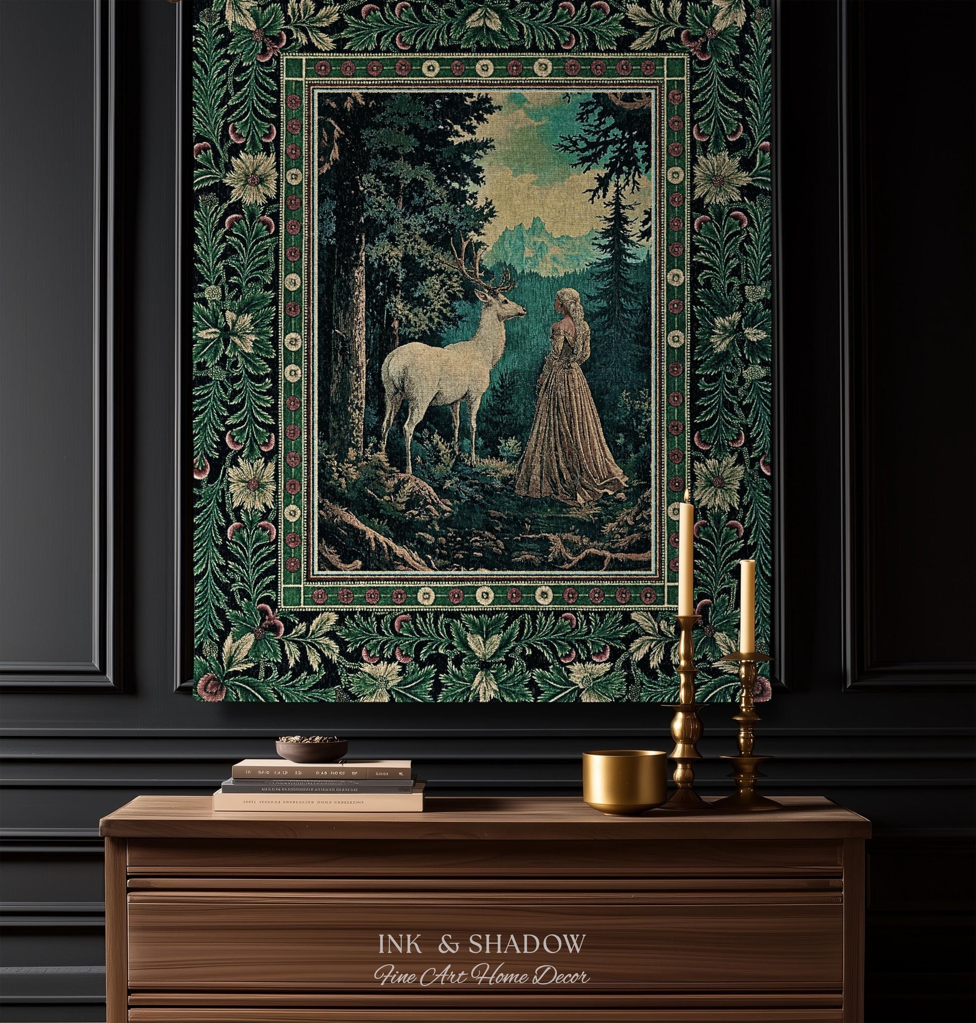 Faerie Realm Mystic Forest Tapestry | Enchanted Gothic Landscape Dark Academia Nature Spirits Woven Throw Blanket Renaissance Magical Art