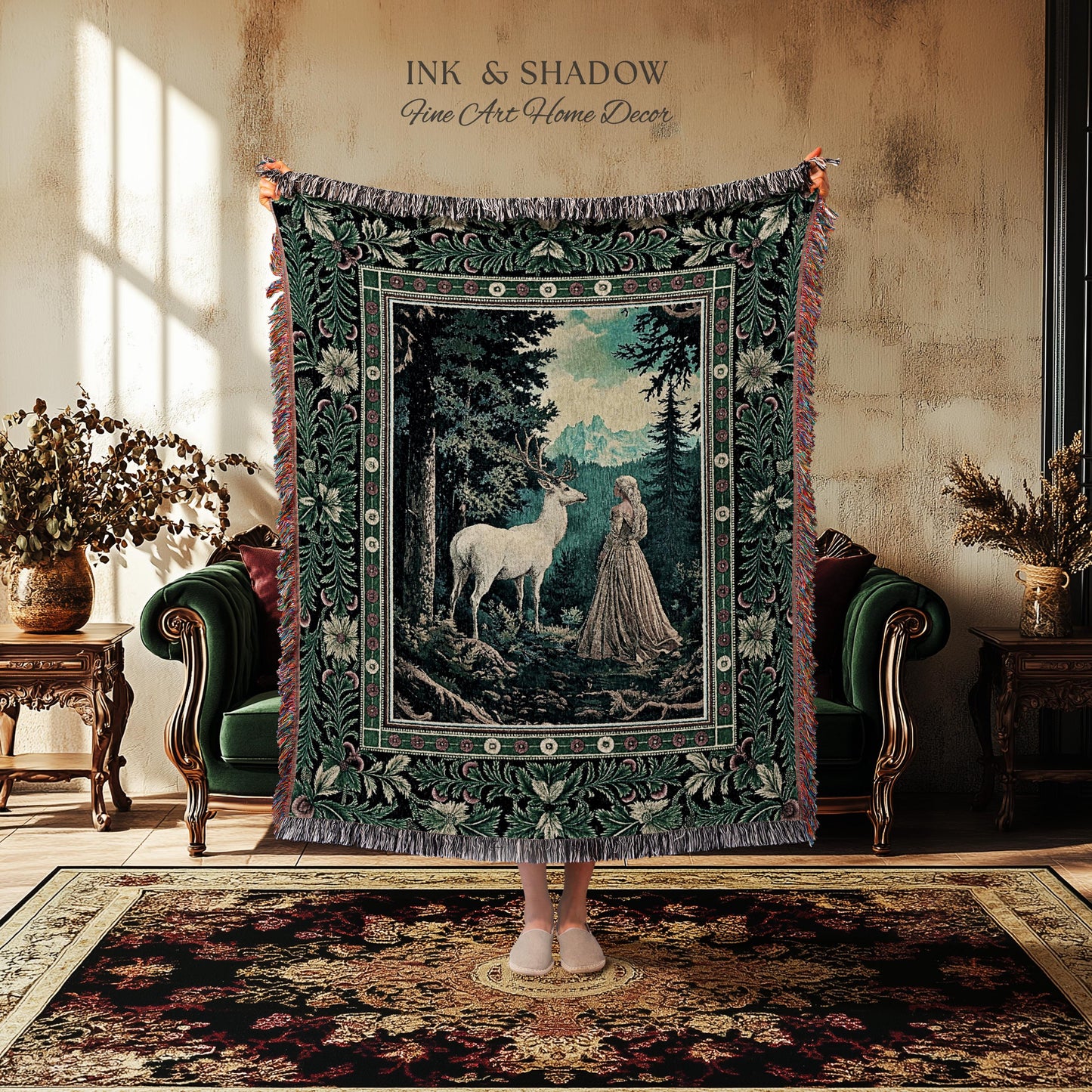 Faerie Realm Mystic Forest Tapestry | Enchanted Gothic Landscape Dark Academia Nature Spirits Woven Throw Blanket Renaissance Magical Art