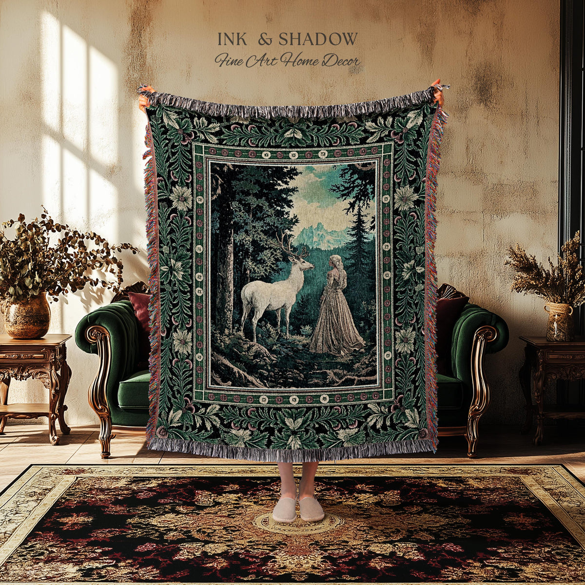 Faerie Realm Mystic Forest Tapestry | Enchanted Gothic Landscape Dark Academia Nature Spirits Woven Throw Blanket Renaissance Magical Art