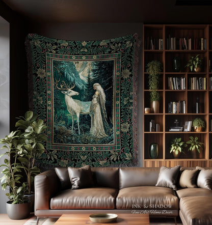 Magic Forest Princess Woven Tapestry | Fairytale Fantasy Renaissance Dark Academia Forest Spirit Ethereal Woodland Folklore Throw Blanket