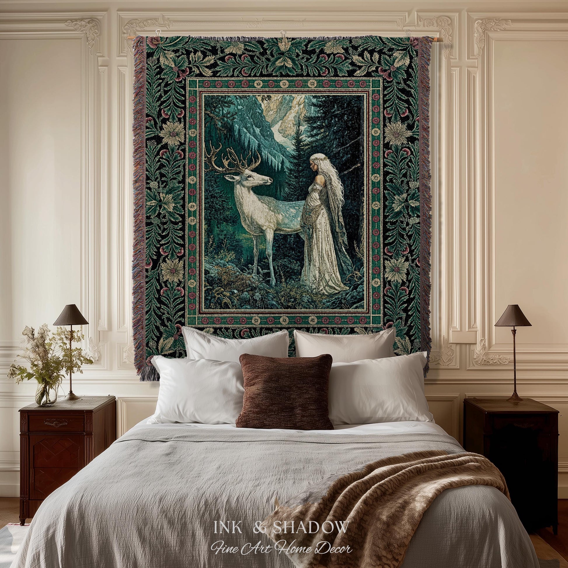 Magic Forest Princess Woven Tapestry | Fairytale Fantasy Renaissance Dark Academia Forest Spirit Ethereal Woodland Folklore Throw Blanket