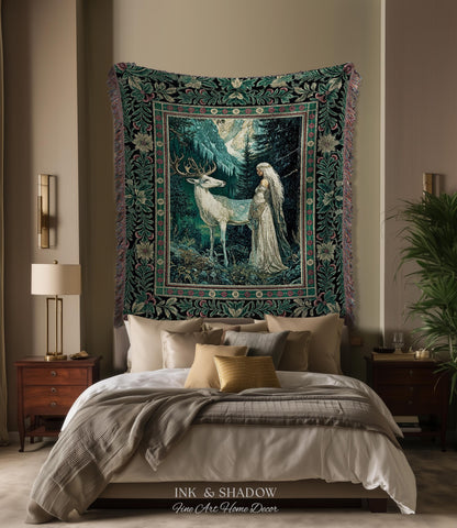 Magic Forest Princess Woven Tapestry | Fairytale Fantasy Renaissance Dark Academia Forest Spirit Ethereal Woodland Folklore Throw Blanket