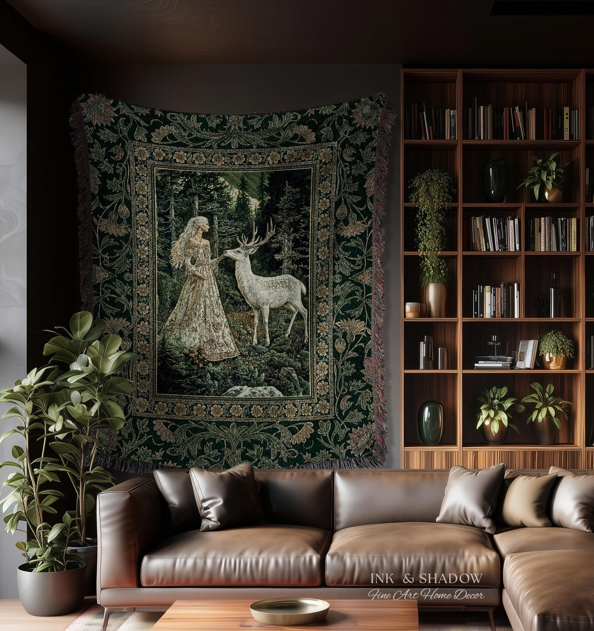 Botanical Folklore Ethereal Woven Throw | Forest Elegance Mother Earth Tapestry Fantasy Blanket Dark Green Wall Art Dark Fairycore Romantic