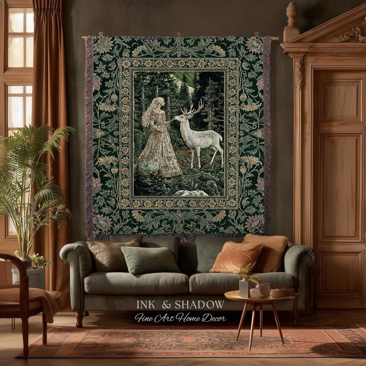 Botanical Folklore Ethereal Woven Throw | Forest Elegance Mother Earth Tapestry Fantasy Blanket Dark Green Wall Art Dark Fairycore Romantic