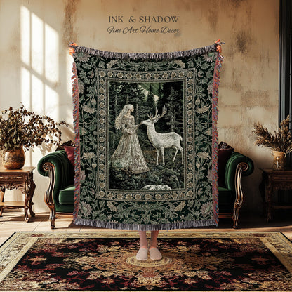 Botanical Folklore Ethereal Woven Throw | Forest Elegance Mother Earth Tapestry Fantasy Blanket Dark Green Wall Art Dark Fairycore Romantic