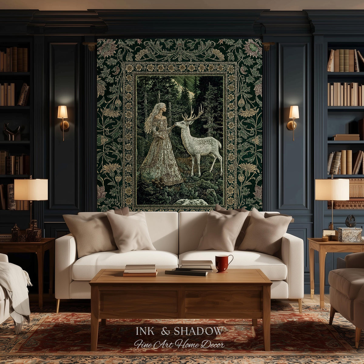 Botanical Folklore Ethereal Woven Throw | Forest Elegance Mother Earth Tapestry Fantasy Blanket Dark Green Wall Art Dark Fairycore Romantic