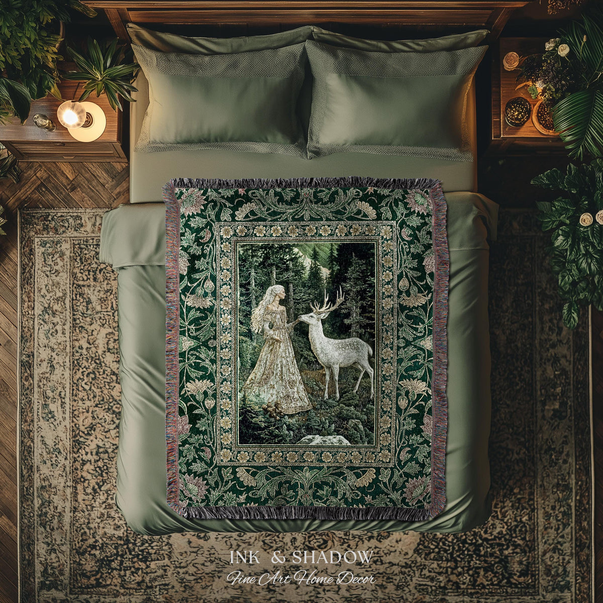 Botanical Folklore Ethereal Woven Throw | Forest Elegance Mother Earth Tapestry Fantasy Blanket Dark Green Wall Art Dark Fairycore Romantic