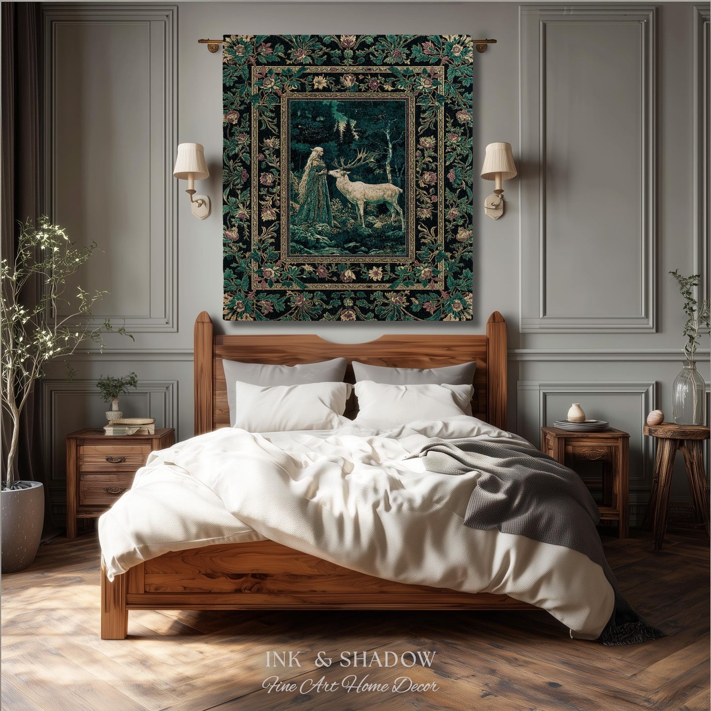 Moody Magic Forest Spirits Woven Tapestry | Dark Nature Renaissance Botanical Cottagecore Medieval Folklore Inspired Fantasy Throw Blanket