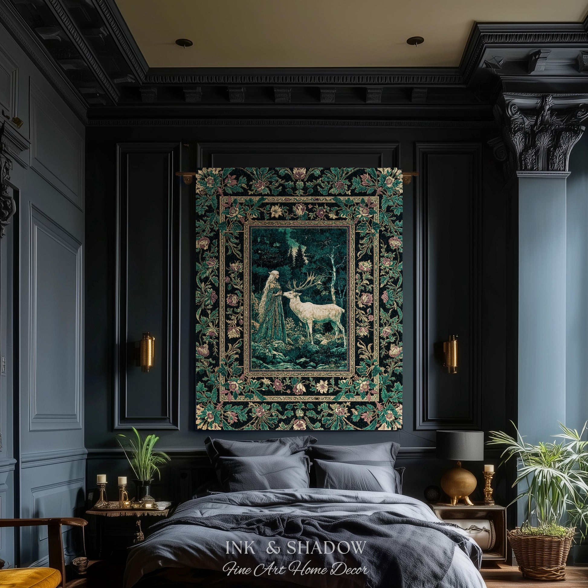 Moody Magic Forest Spirits Woven Tapestry | Dark Nature Renaissance Botanical Cottagecore Medieval Folklore Inspired Fantasy Throw Blanket