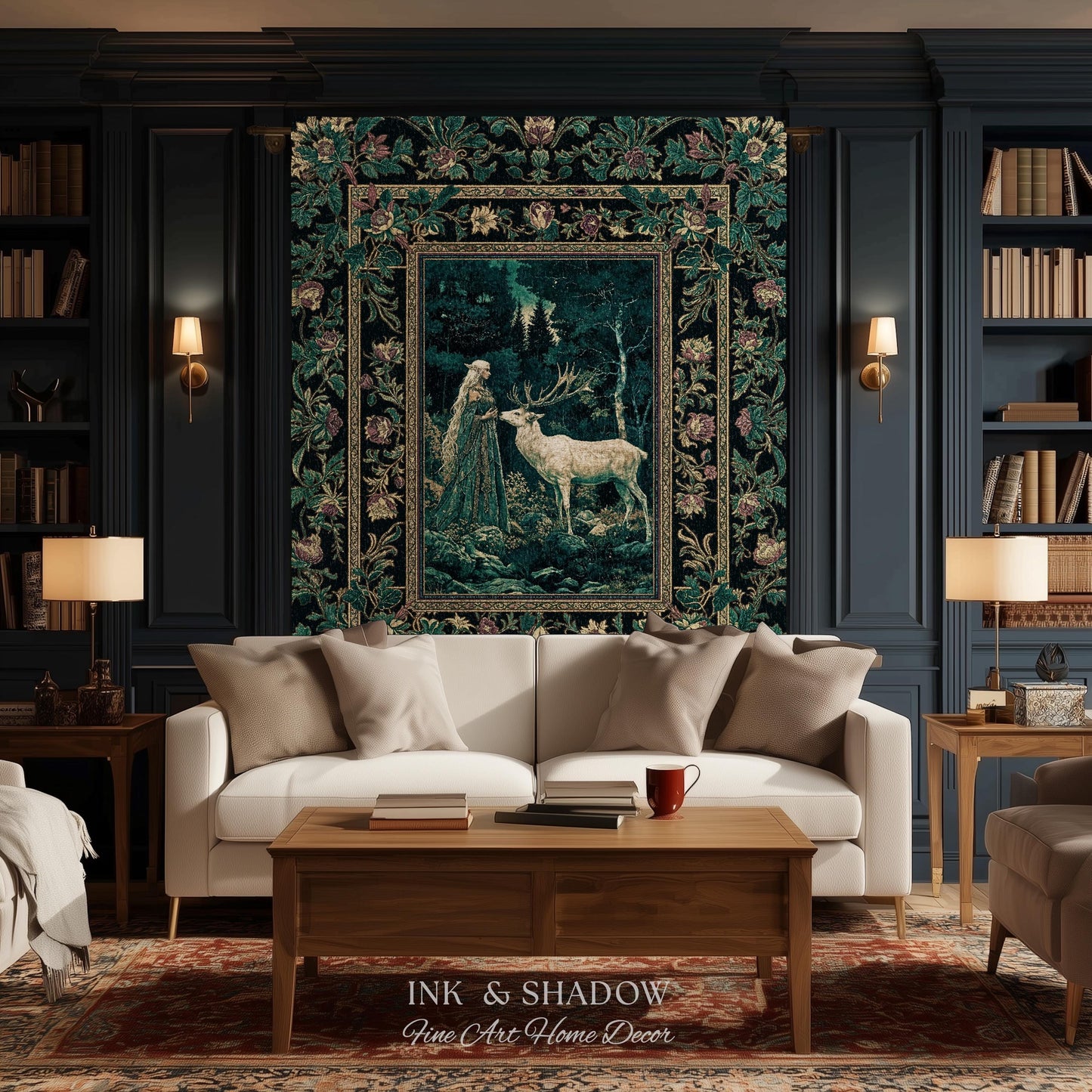 Moody Magic Forest Spirits Woven Tapestry | Dark Nature Renaissance Botanical Cottagecore Medieval Folklore Inspired Fantasy Throw Blanket