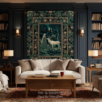 Moody Magic Forest Spirits Woven Tapestry | Dark Nature Renaissance Botanical Cottagecore Medieval Folklore Inspired Fantasy Throw Blanket