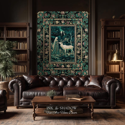 Moody Magic Forest Spirits Woven Tapestry | Dark Nature Renaissance Botanical Cottagecore Medieval Folklore Inspired Fantasy Throw Blanket