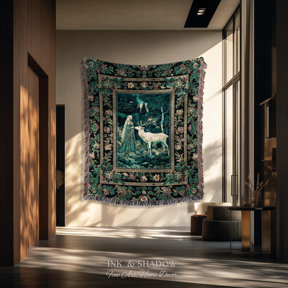 Moody Magic Forest Spirits Woven Tapestry | Dark Nature Renaissance Botanical Cottagecore Medieval Folklore Inspired Fantasy Throw Blanket