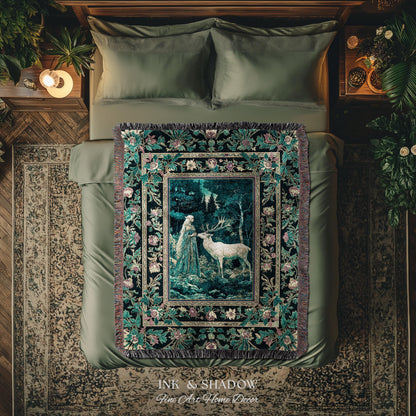 Moody Magic Forest Spirits Woven Tapestry | Dark Nature Renaissance Botanical Cottagecore Medieval Folklore Inspired Fantasy Throw Blanket