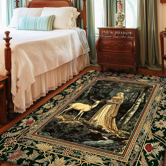 May include: A rectangular area rug with a forest scene featuring a woman and a deer. The rug has a dark green background with floral borders in gold, red, and cream. The text "Ink & Shadow Original Fine Art Rugs" is visible.