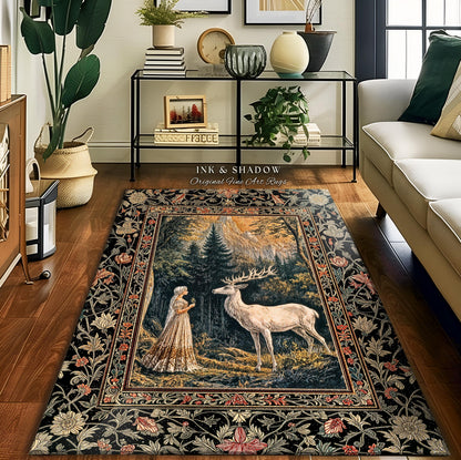 May include: A rectangular area rug with a detailed forest scene featuring a white deer and a woman in a long dress. The rug has a black border with floral and leaf patterns. The text "INK & SHADOW Original Fine Art Rugs" is visible.