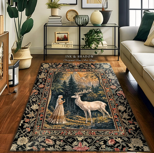 May include: A rectangular area rug with a detailed forest scene featuring a white deer and a woman in a long dress. The rug has a black border with floral and leaf patterns. The text "INK & SHADOW Original Fine Art Rugs" is visible.