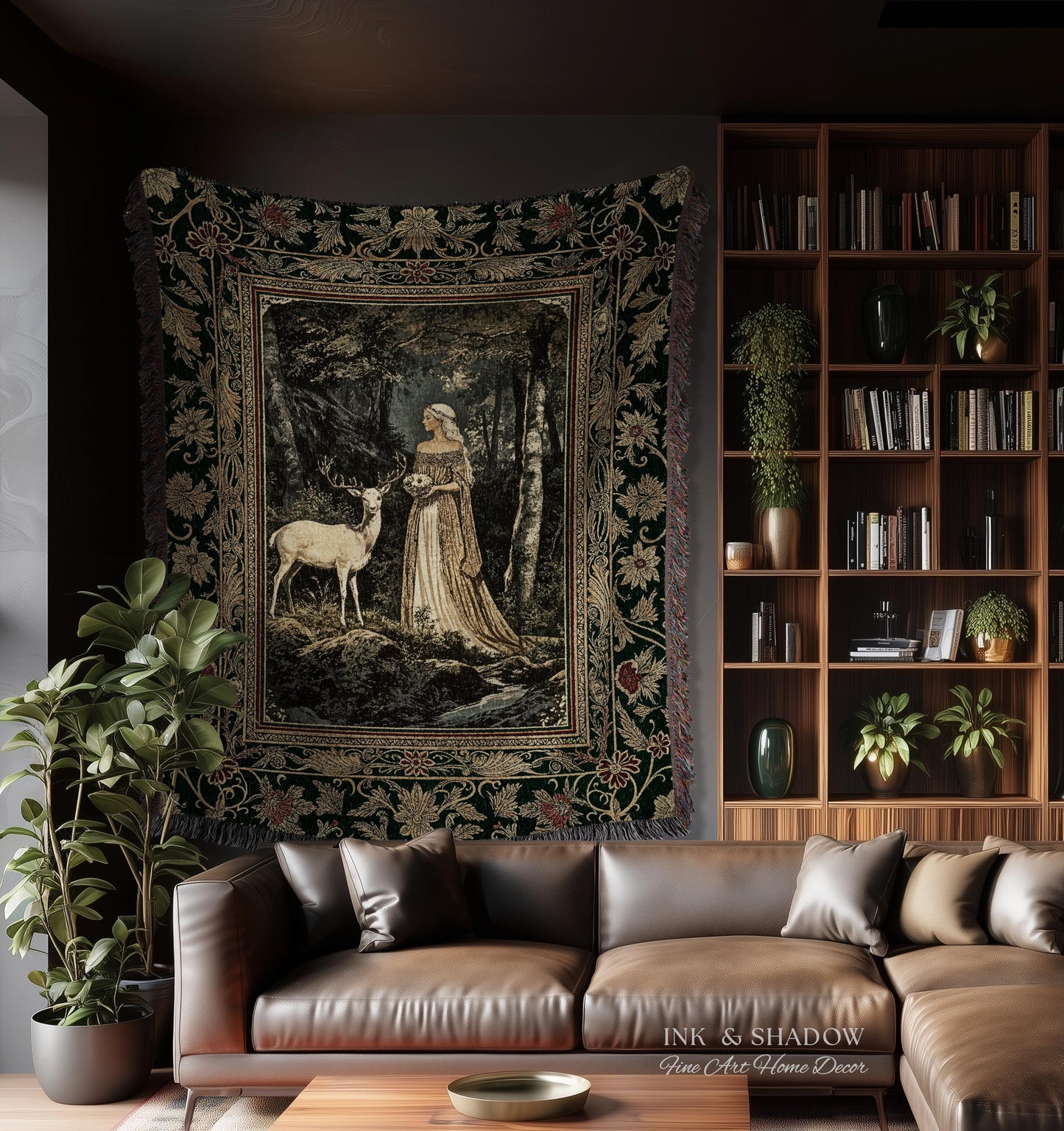 Nature Spirits Ethereal Woven Tapestry | Royal Medieval Folklore Whimsical Woodland Landscape Throw Blanket Fantasy Dark Forest Wall Hanging