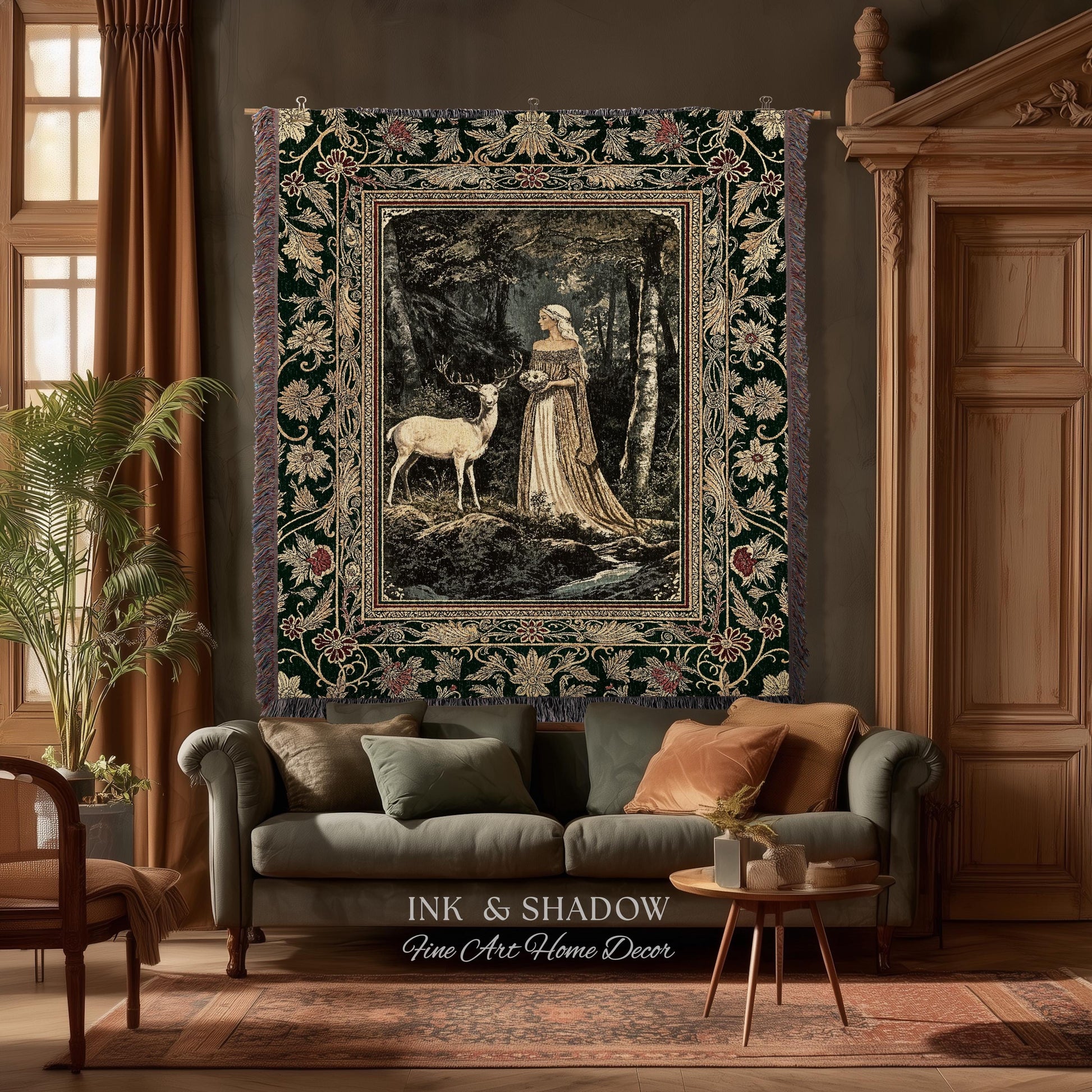 Nature Spirits Ethereal Woven Tapestry | Royal Medieval Folklore Whimsical Woodland Landscape Throw Blanket Fantasy Dark Forest Wall Hanging