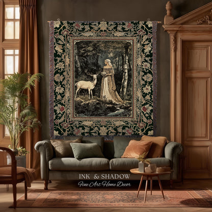Nature Spirits Ethereal Woven Tapestry | Royal Medieval Folklore Whimsical Woodland Landscape Throw Blanket Fantasy Dark Forest Wall Hanging