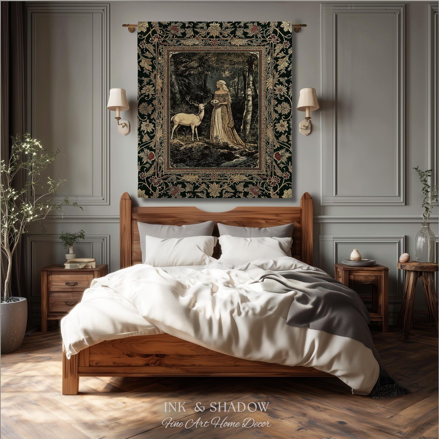 Nature Spirits Ethereal Woven Tapestry | Royal Medieval Folklore Whimsical Woodland Landscape Throw Blanket Fantasy Dark Forest Wall Hanging
