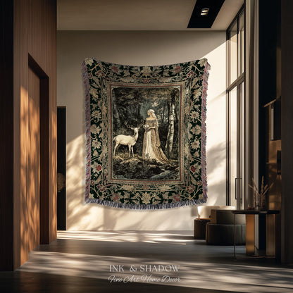 Nature Spirits Ethereal Woven Tapestry | Royal Medieval Folklore Whimsical Woodland Landscape Throw Blanket Fantasy Dark Forest Wall Hanging