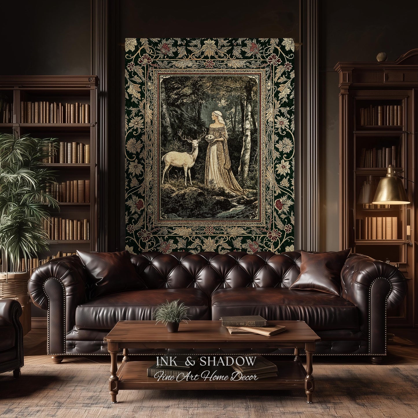Nature Spirits Ethereal Woven Tapestry | Royal Medieval Folklore Whimsical Woodland Landscape Throw Blanket Fantasy Dark Forest Wall Hanging