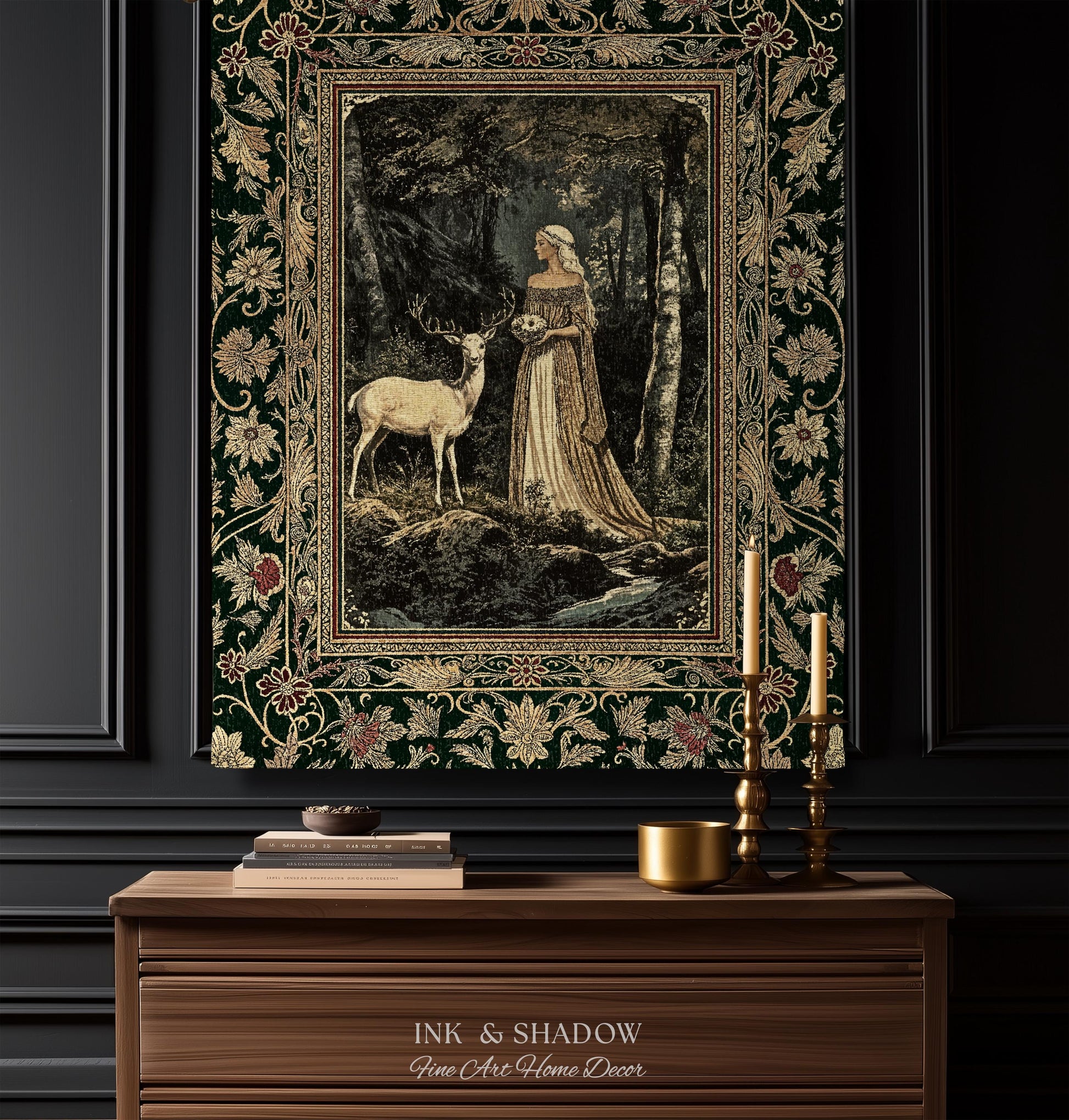 Nature Spirits Ethereal Woven Tapestry | Royal Medieval Folklore Whimsical Woodland Landscape Throw Blanket Fantasy Dark Forest Wall Hanging
