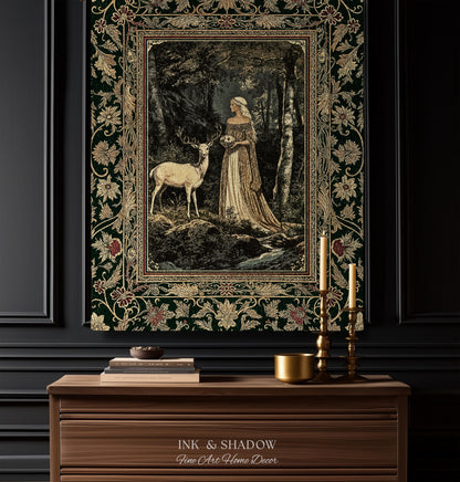 Nature Spirits Ethereal Woven Tapestry | Royal Medieval Folklore Whimsical Woodland Landscape Throw Blanket Fantasy Dark Forest Wall Hanging