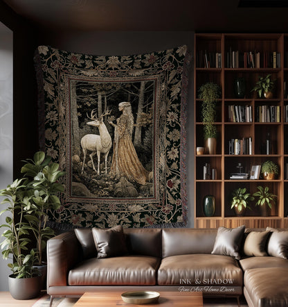 Elven Princess Mystic Woodland Woven Tapestry | Forest Nymph Renaissance Fairycore Magical Gothic Woods Ethereal Victorian Art Throw Blanket