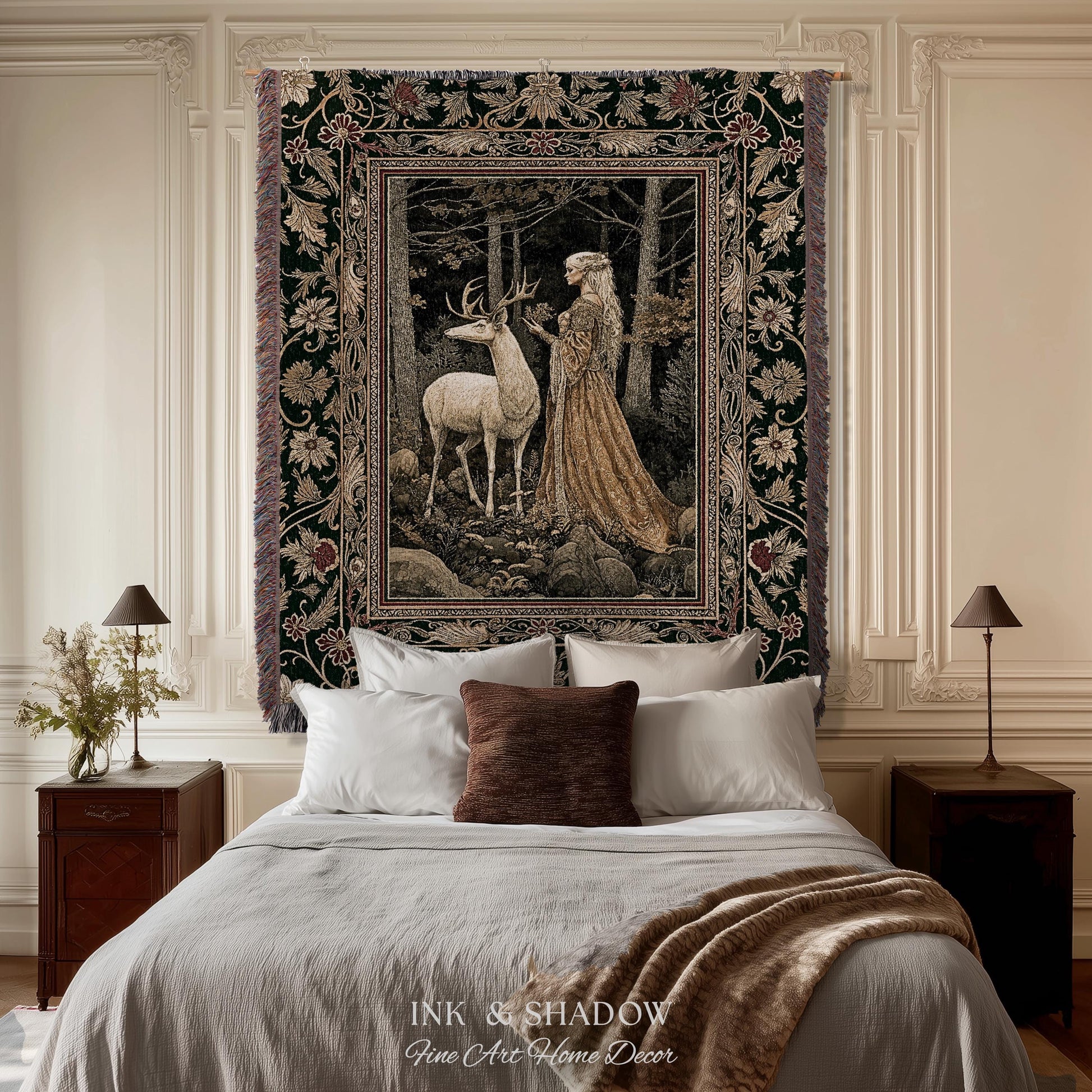 Elven Princess Mystic Woodland Woven Tapestry | Forest Nymph Renaissance Fairycore Magical Gothic Woods Ethereal Victorian Art Throw Blanket