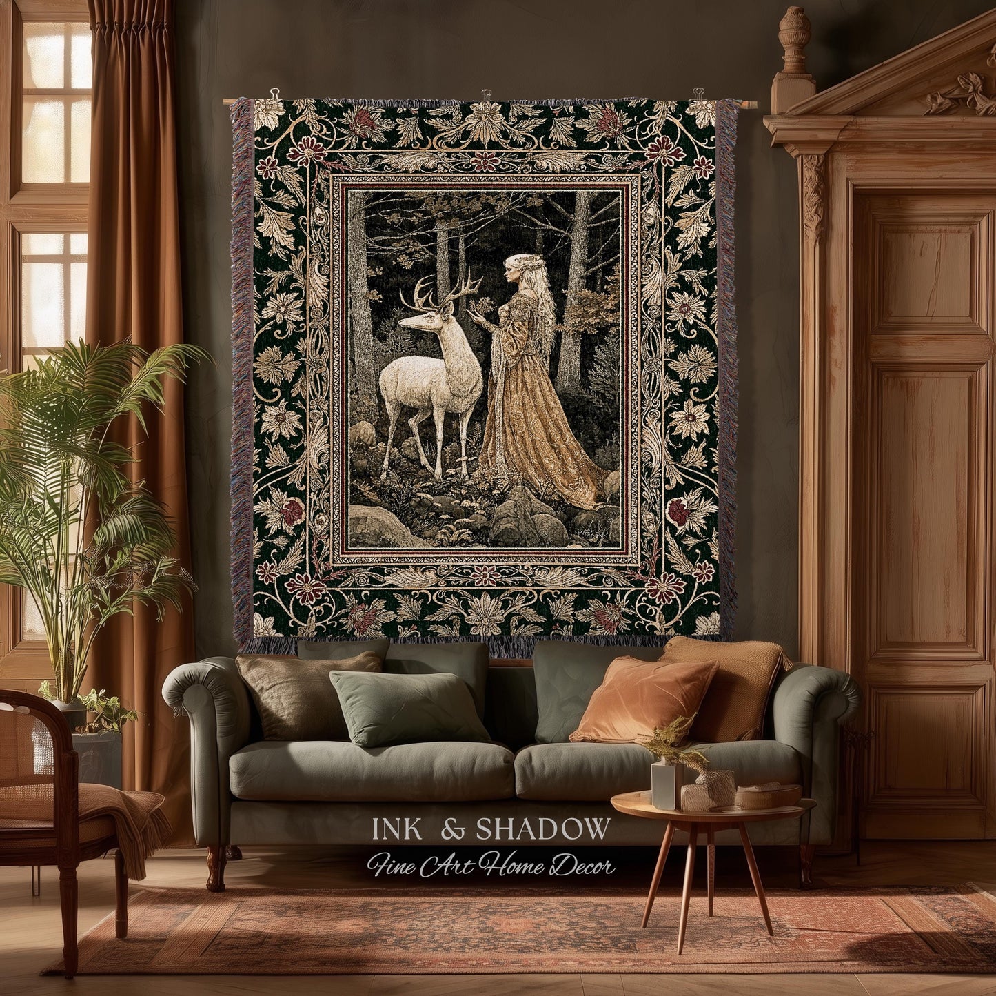Elven Princess Mystic Woodland Woven Tapestry | Forest Nymph Renaissance Fairycore Magical Gothic Woods Ethereal Victorian Art Throw Blanket