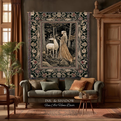 Elven Princess Mystic Woodland Woven Tapestry | Forest Nymph Renaissance Fairycore Magical Gothic Woods Ethereal Victorian Art Throw Blanket