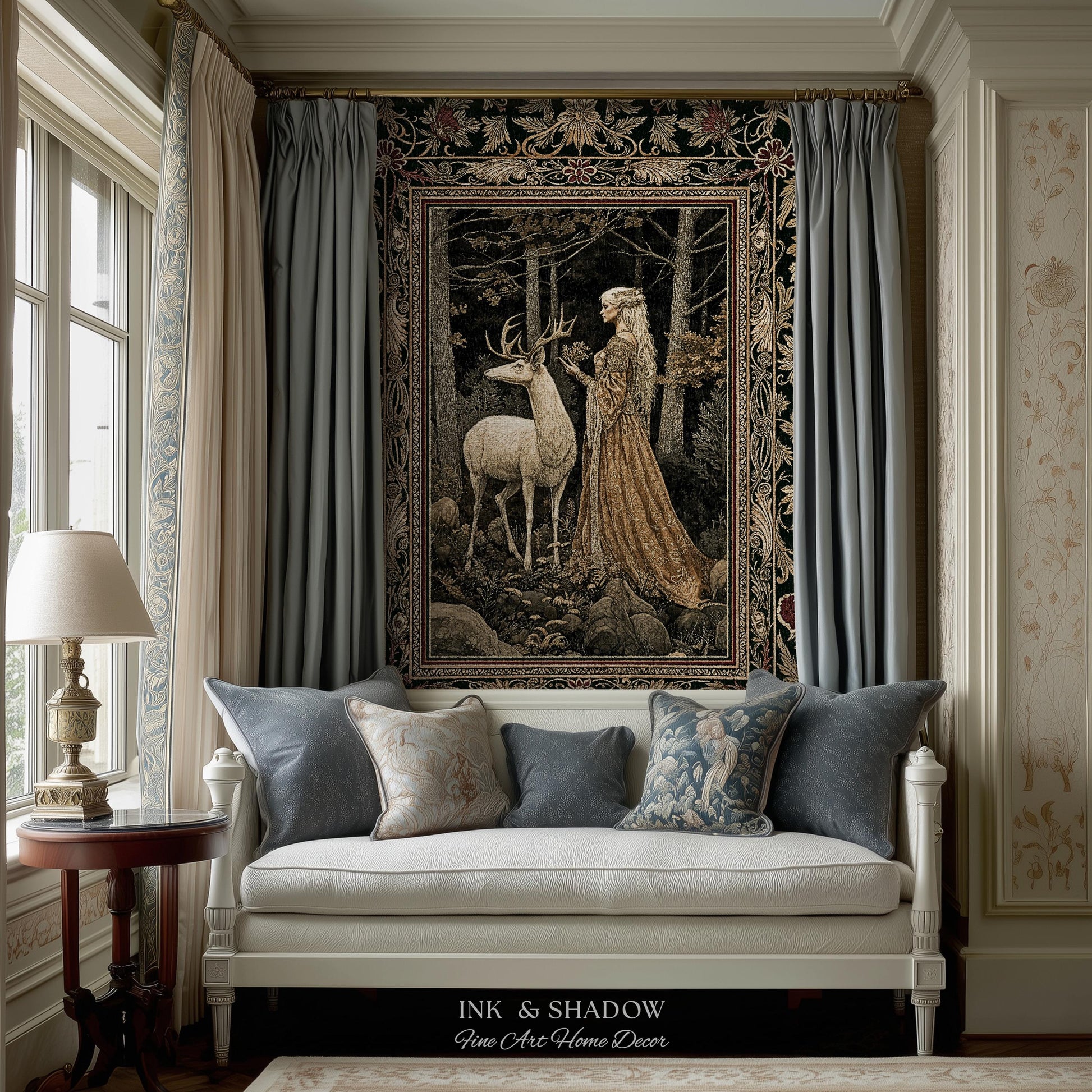 Elven Princess Mystic Woodland Woven Tapestry | Forest Nymph Renaissance Fairycore Magical Gothic Woods Ethereal Victorian Art Throw Blanket