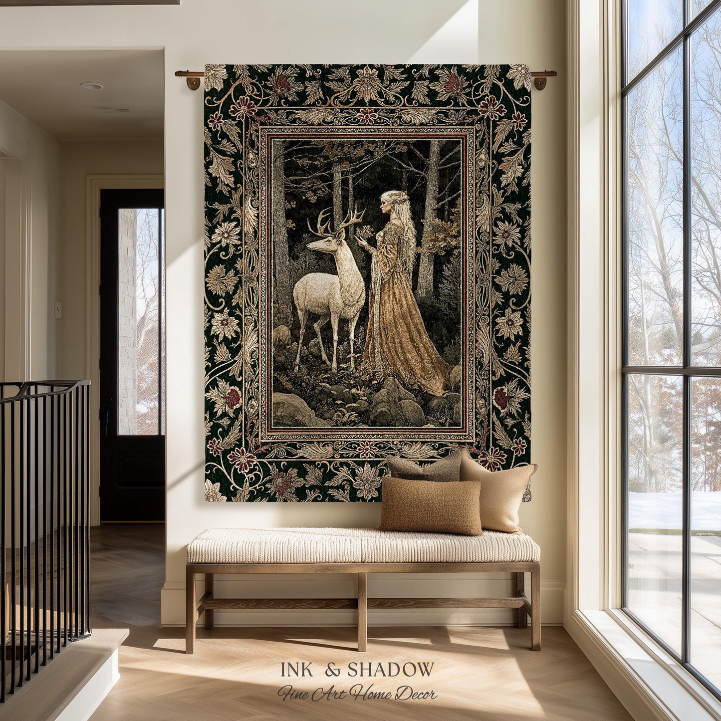 Elven Princess Mystic Woodland Woven Tapestry | Forest Nymph Renaissance Fairycore Magical Gothic Woods Ethereal Victorian Art Throw Blanket