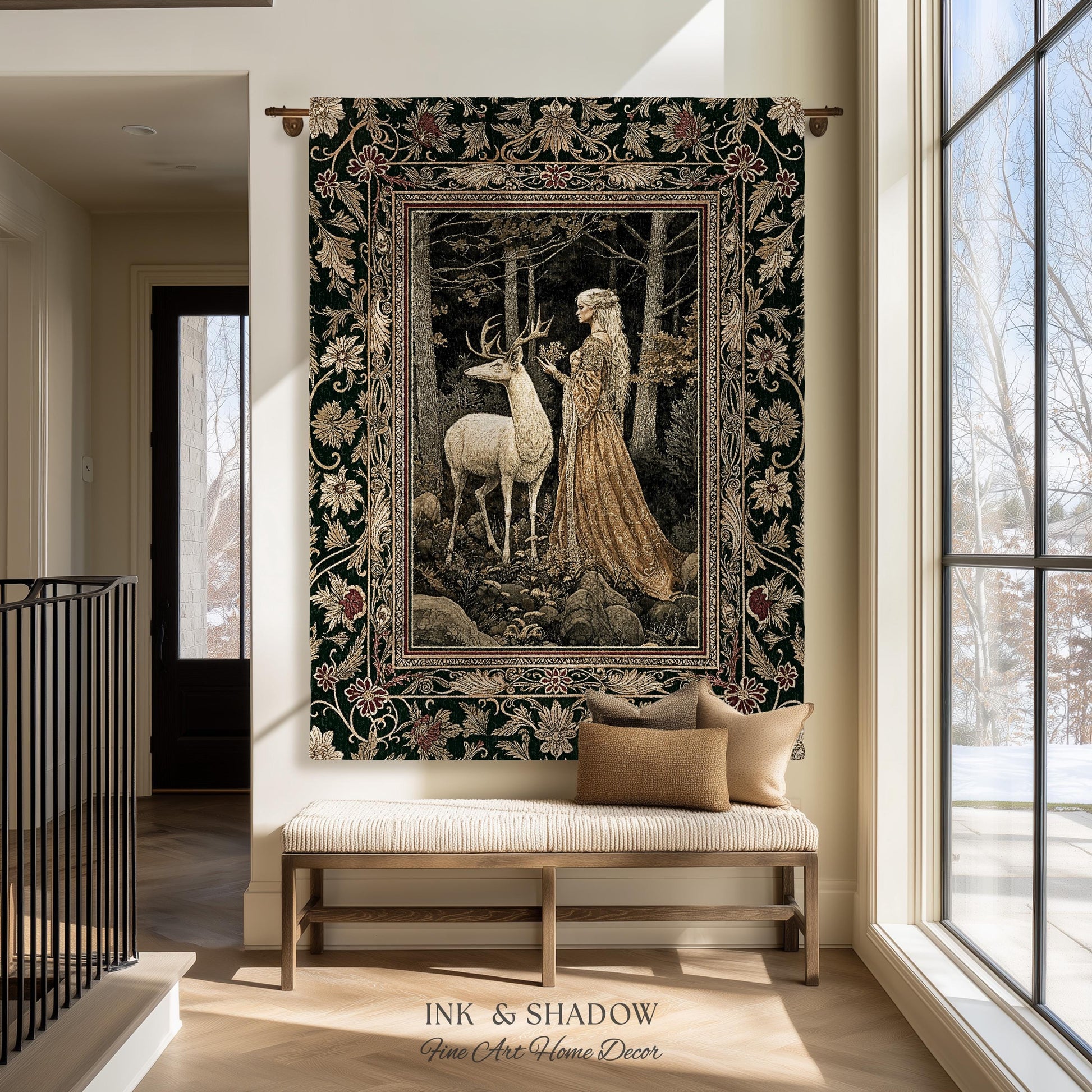 Elven Princess Mystic Woodland Woven Tapestry | Forest Nymph Renaissance Fairycore Magical Gothic Woods Ethereal Victorian Art Throw Blanket