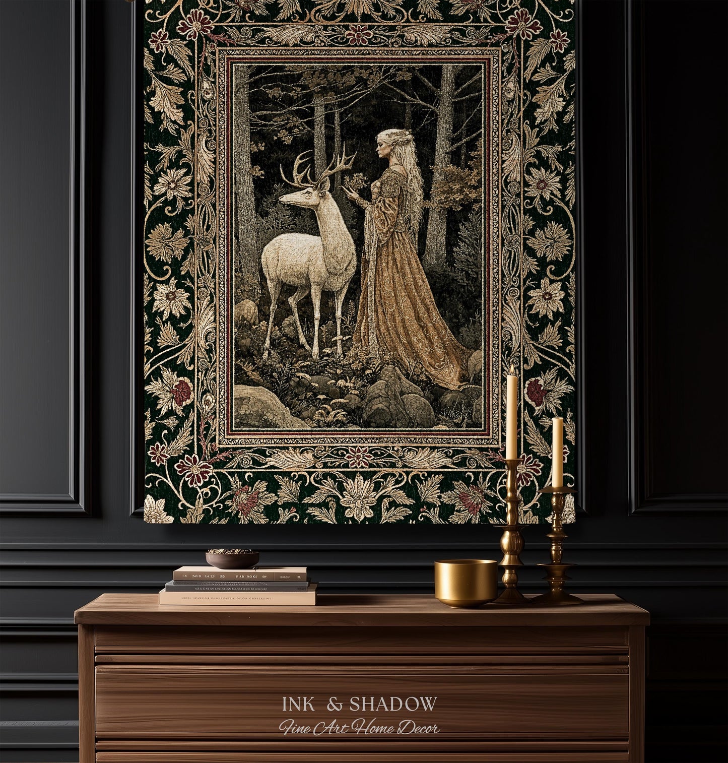 Elven Princess Mystic Woodland Woven Tapestry | Forest Nymph Renaissance Fairycore Magical Gothic Woods Ethereal Victorian Art Throw Blanket