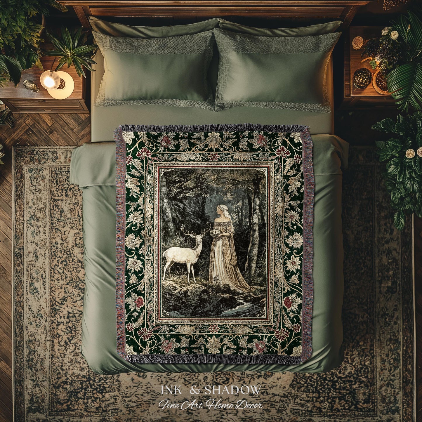 Nature Spirits Ethereal Woven Tapestry | Royal Medieval Folklore Whimsical Woodland Landscape Throw Blanket Fantasy Dark Forest Wall Hanging