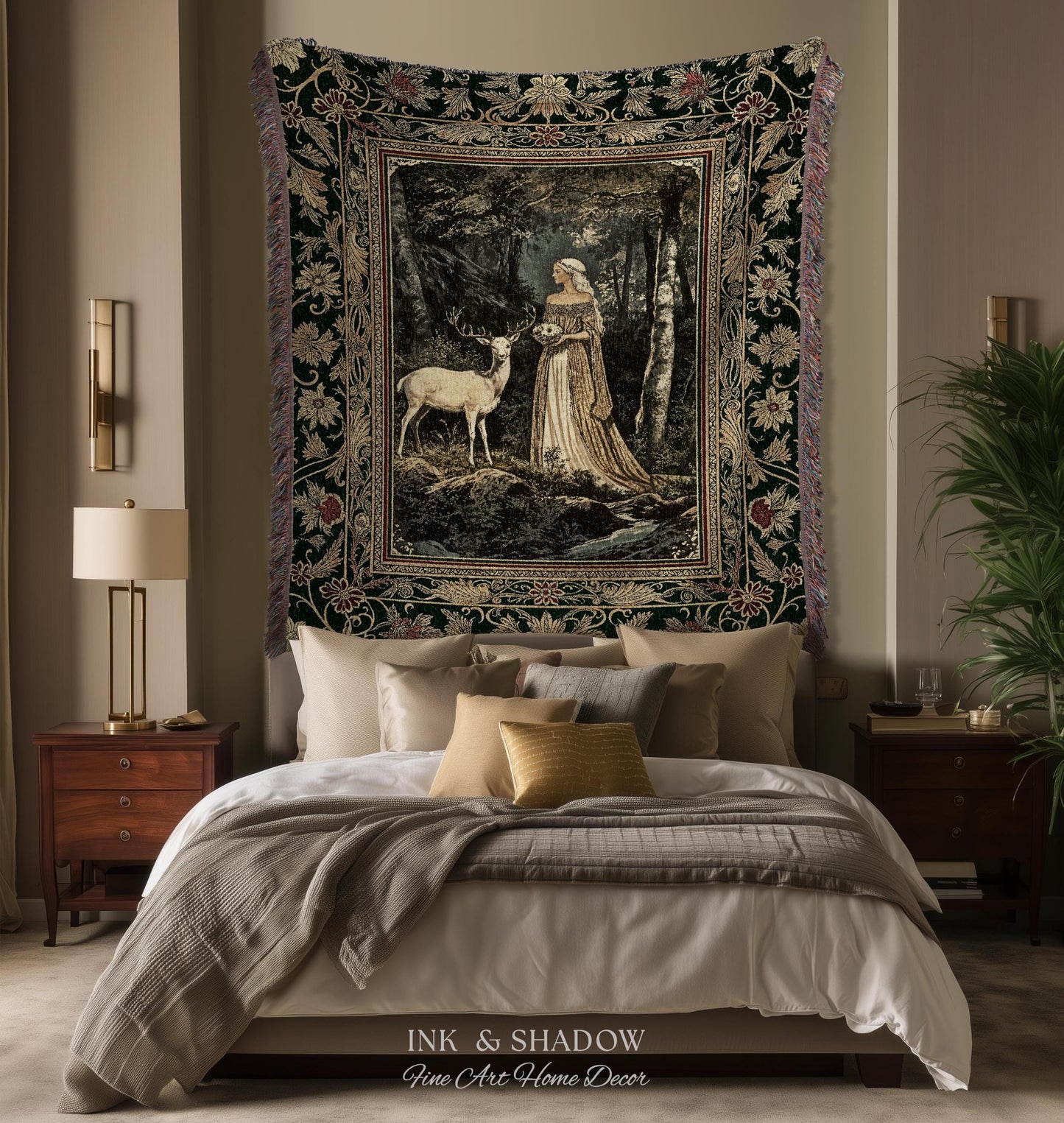 Nature Spirits Ethereal Woven Tapestry | Royal Medieval Folklore Whimsical Woodland Landscape Throw Blanket Fantasy Dark Forest Wall Hanging
