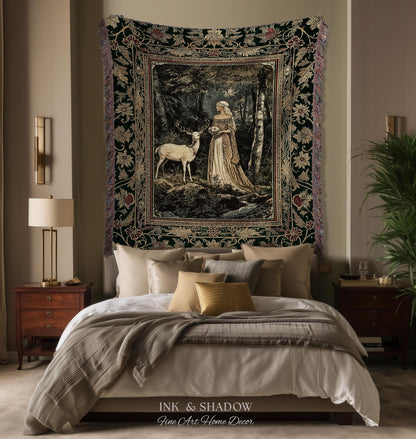 Nature Spirits Ethereal Woven Tapestry | Royal Medieval Folklore Whimsical Woodland Landscape Throw Blanket Fantasy Dark Forest Wall Hanging