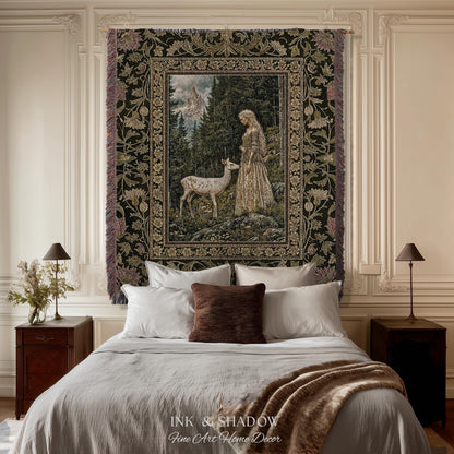 Whimsy Woodland Goddess Tapestry | Elegant Fairytale Throw Blanket Woven Wall Art Victorian Botanical Princess Mystic Deer Forest Spirit