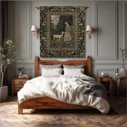 Whimsy Woodland Goddess Tapestry | Elegant Fairytale Throw Blanket Woven Wall Art Victorian Botanical Princess Mystic Deer Forest Spirit